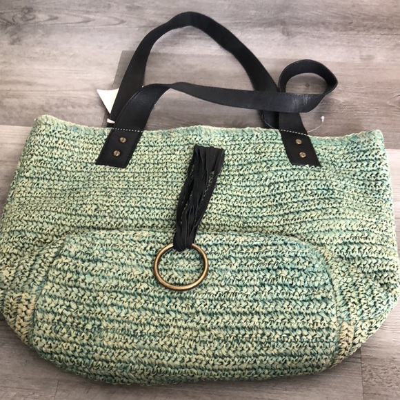 Free People Green En Riva Raffia Tote Black Leather Accents NWT - Picture 5 of 16